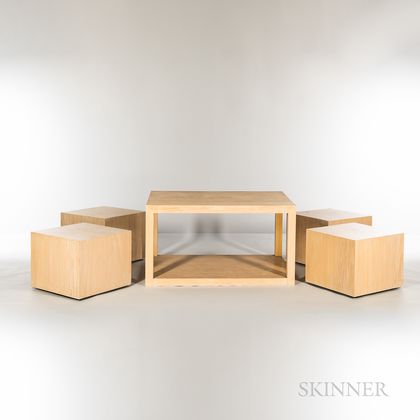 Modern Blonde Oak Laminate Table and Four Cubes