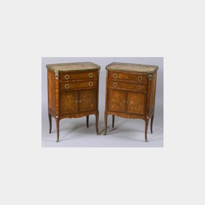 Pair of Louis XV/XVI Transitional-style Marquetry Inlaid Tulipwood and Marble-top Si