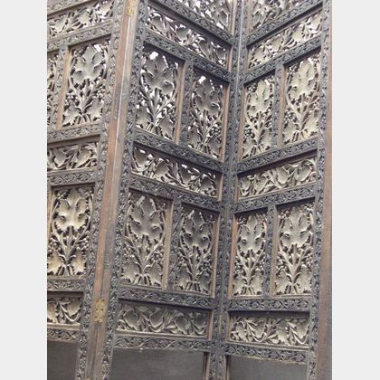 Small Indian Carved and Reticulated Folding Three-Panel Floor Screen. 