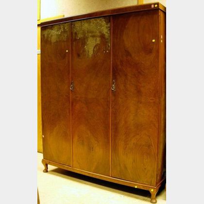 English Mid-20th Century Walnut Veneer and Mahogany Three-Door Wardrobe Cabinet