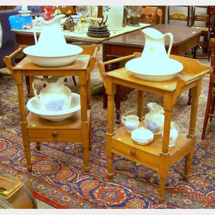 Two Pine Washstands with Accompanying Ironstone Chamber Sets. 