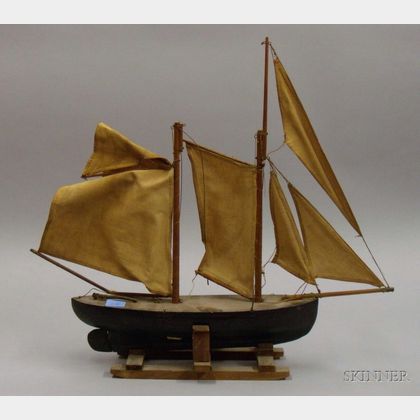 Folk Painted Wooden Two-Masted Sailboat Model on Stand