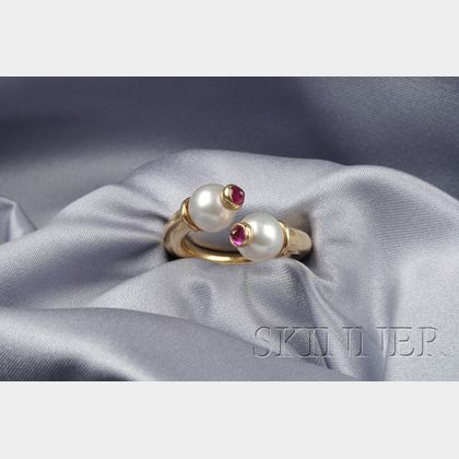 18kt Gold, Cultured Pearl, and Pink Tourmaline Bypass Ring, Bulgari