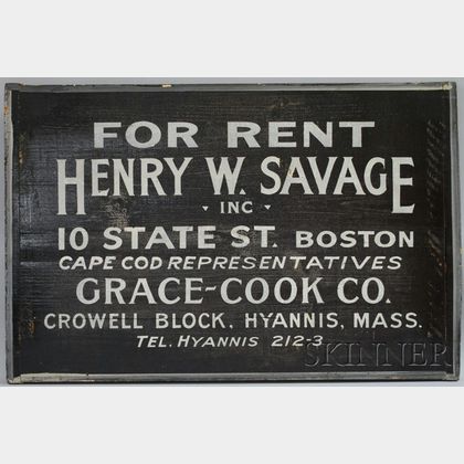Painted Wood Sign For Rent, Henry W. Savage Inc., 10 State St., Boston, Cape Cod Representatives Grace-Cook Co., ...Hyannis, Mass.,... 