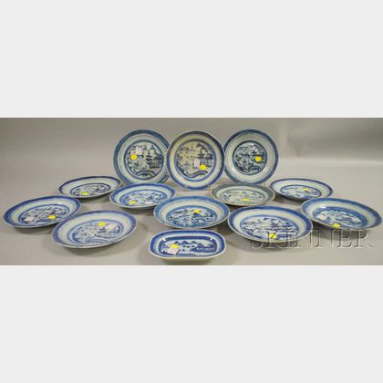 Twelve Chinese Export Porcelain Canton Plates and a Small Platter