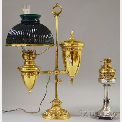 Brass Student Lamp with Cased Green Glass Shade and a Meriden Victorian Silver-plate and Brass Kerosene Table Lamp