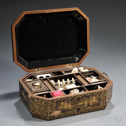 Export Lacquerware Sewing Box with Ivory Implements