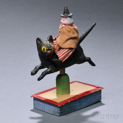 Painted Papier-mache and Wood Witch Riding a Black Cat Bobble Toy