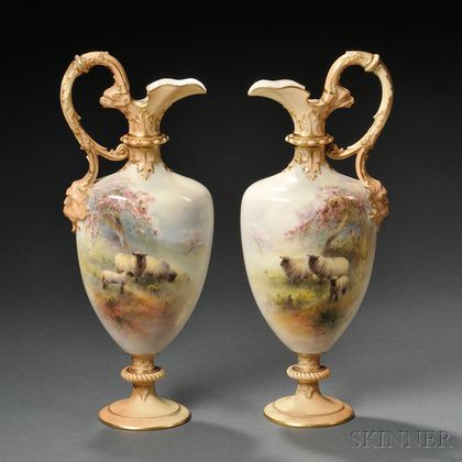 Pair of Royal Worcester Porcelain Harry Davis Decorated Ewers