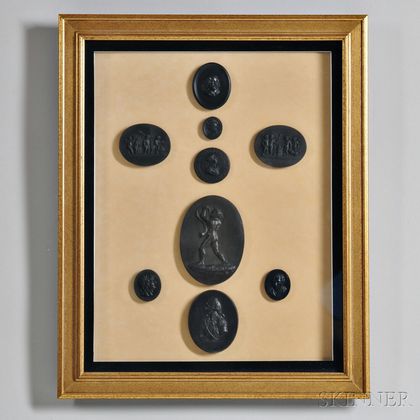 Nine Wedgwood and Related Black Basalt Framed Medallions