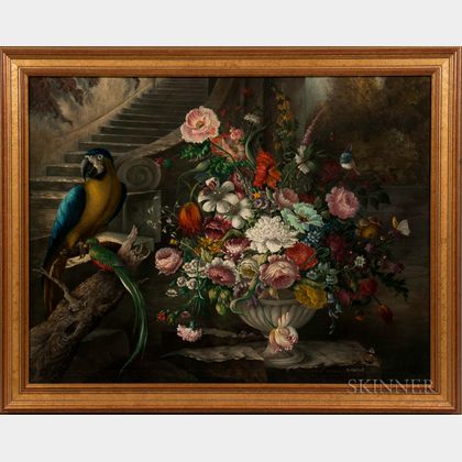 Arthur Lasslow (American, Mid-20th Century) Dutch-style Still Life with Flowers and Birds