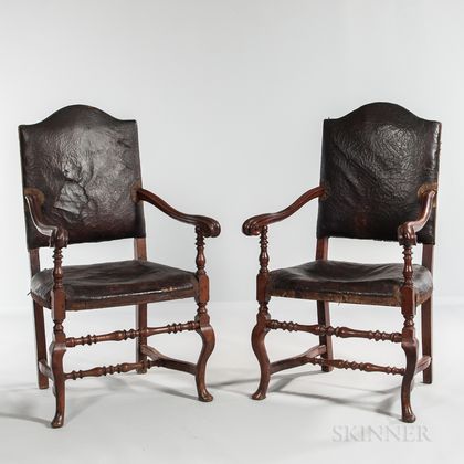 Pair of Continental Baroque Leather-upholstered Open Armchairs