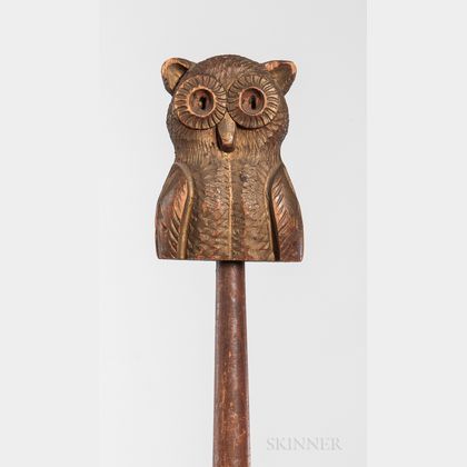 Carved and Gold-painted Owl Odd Fellows Staff with Stand