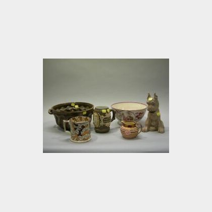 Lustreware Bowl, Creamer and Mug, Villeroy & Boch Stein, a Stoneware Mold and Pottery Hound. 