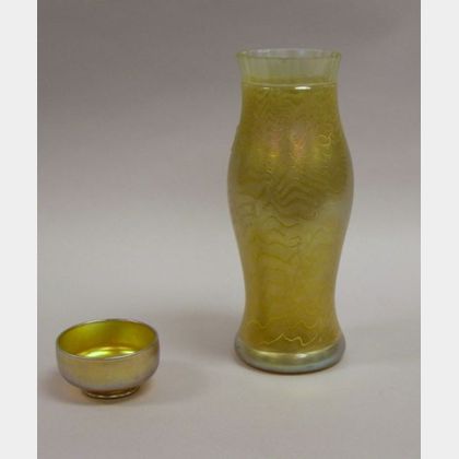 Iridescent Art Glass Vase and a Small Gold Favrile Glass Footed Bowl. 