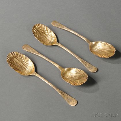 Cased Set of Four English Gilt Sterling Silver Shell-form Serving Spoons