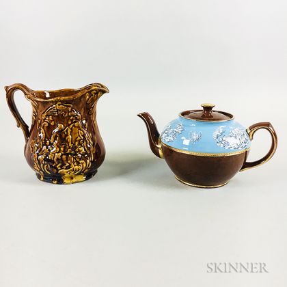 Staffordshire Ceramic Teapot and a Rockingham-glazed Pitcher