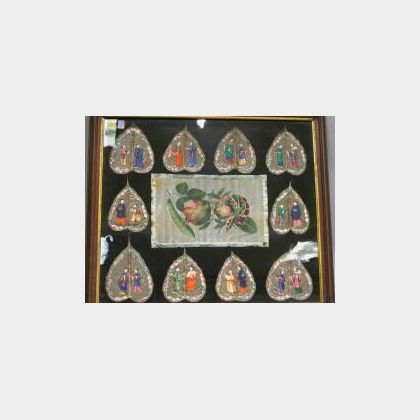 Framed China Trade Painted Leaf Vignettes and Still Life. 