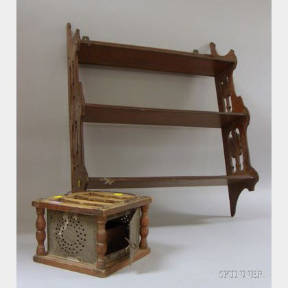 Victorian Walnut Three-Tier Wall Shelf, Towel Bar, and a Heart Decorated Punched Tin and Wood Footwarmer.e2... 