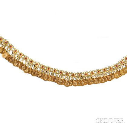 Gold and Synthetic Ruby Fringe Necklace