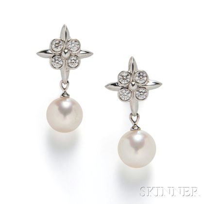 Platinum, Diamond, and Cultured Pearl Earrings, Tiffany & Co.