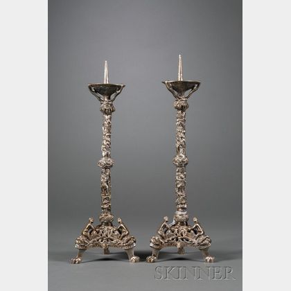 Mediaeval-style Silvered Bronze Pricket Candlesticks