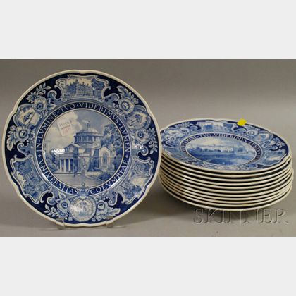 Set of Twelve Wedgwood Blue and White Columbia University Ceramic Dinner Plates. 