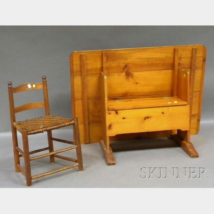 Country Rectangular Pine Breadboard-top Hutch Table and a Small Wood Slat-back Chair with Woven Splint Seat