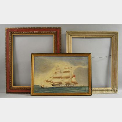 Framed Oil on Canvas Painting of a Schooner and Two Contemporary Wooden Frames