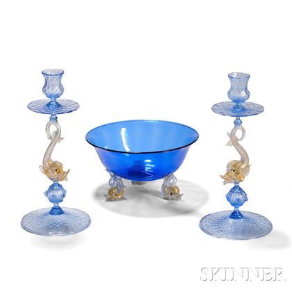 Venetian Glass Candlesticks and Center Bowl 