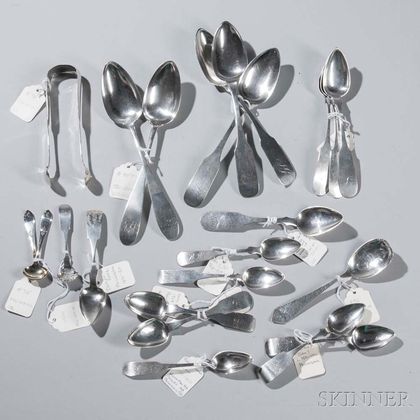 Twenty-two Philadelphia Coin Silver Spoons and Tongs
