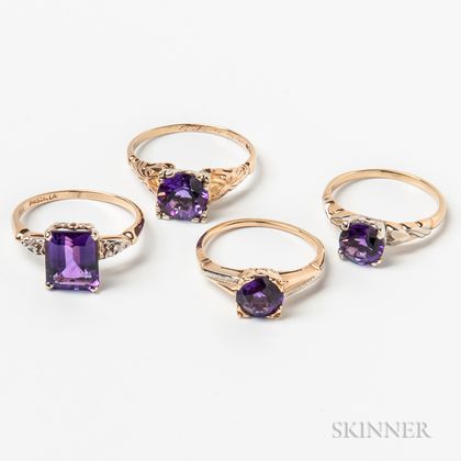 Four 14kt Gold and Amethyst Rings