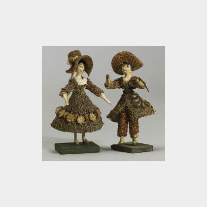 Pair of Small Early Grodnertal Shell Dolls