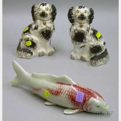 Pair of Staffordshire Spaniels and an Asian Celadon Glazed Porcelain Figure of a Fish