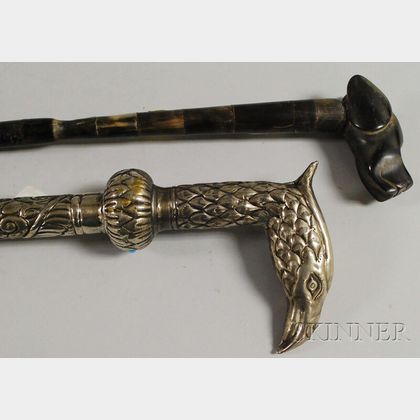 Carved Horn Dog Head-handled Cane and a Jeweled Silver-plated Eagle Head-handled Cane. 