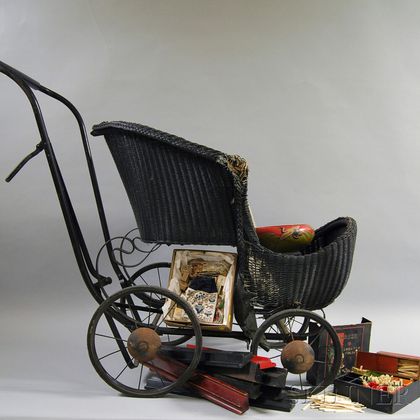 Partial Mahjong Set and a Victorian Black-painted Wicker Baby Carriage