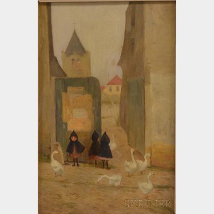 Louis Doyle Norton (American, (1867/68-1940) Three Little Waifs with Geese at a Village Corner.