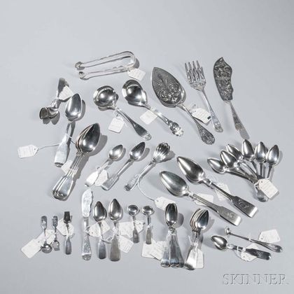 Forty-six New York Coin Silver Spoons and Serving Pieces