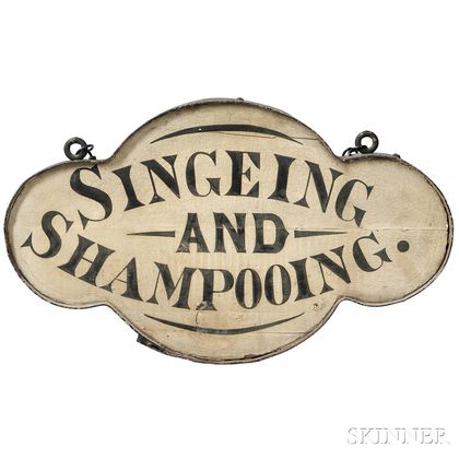 Double-sided "HAIRCUTTING AND SHAVING/SINGEING AND SHAMPOOING." Sign