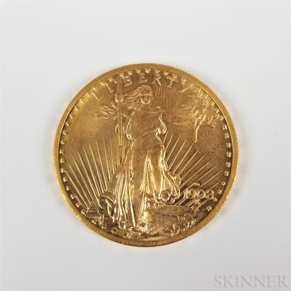 1908-D No Motto $20 St. Gaudens Double Eagle Gold Coin