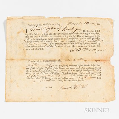 Printed Massachusetts Provincial Soldier 1760 Campaign Enlistment Form