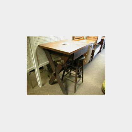 Turn-of-the-Century Wooden Drafting Table with Stool and Tools. 