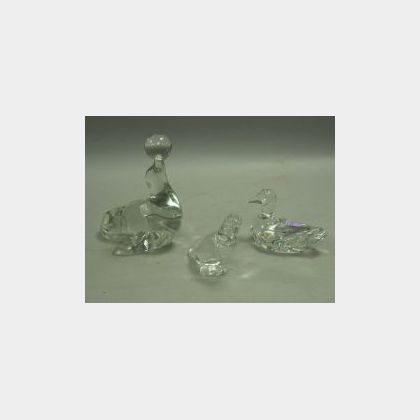 Baccarat Colorless Glass Duck and Parrot Figurals and a Colorless Glass Seal with Ball Figural. 