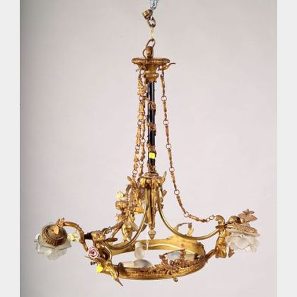 Louis XVI-style Gilt Metal, Porcelain and Glass Mounted Six Light Chandelier