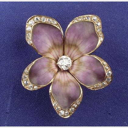 Art Nouveau 14kt Gold, Enamel and Diamond Pansy Pendant/Brooch