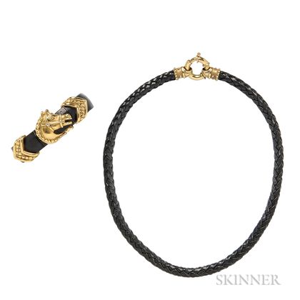 18kt Gold and Leather Bracelet and Necklace