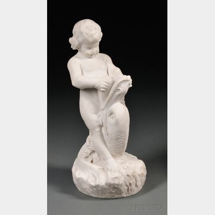 Continental Carved Marble Figure of a Putto Wrestling a Dolphin