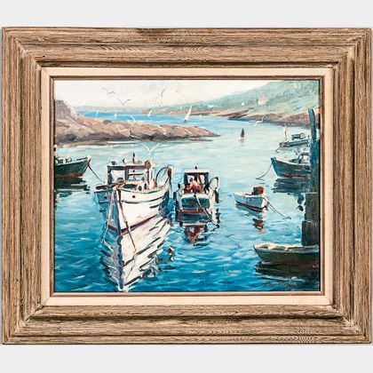 Don Stone (American, 1929-2015) Harbor Scene with Lobster Boats.