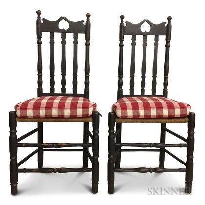 Pair of Black-painted Bannister-back Chairs with Inverted Heart Crests