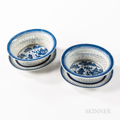 Near Pair of Large Canton Pattern Chinese Export Porcelain Reticulated Fruit Bowls and Underplates